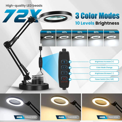 10X Magnifying Glass With LED Light, Adjustable Stand And Clamp Desk Lamp with 3 color modes and 10 brightness levels.