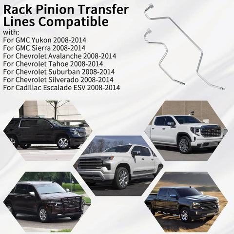 Power Steering Line Kit Direct Fit For Chevy Escalade Suburban Tahoe Silverado Avalanche GMC Yukon And Sierra 2007 2014 Aluminum Rack And Pinion Transfer Lines Replace OEM 15254059 15254058 Leak Proof Design compatible vehicles shown.