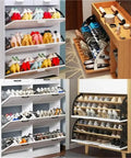 Rock Solid Stainless Steel Double Pack Furniture Hinges Slick Motion Swivel For Foldable Shoe Rack Cabinet Shelves Drawer Hardware in use with various shoe storage options.
