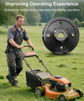Man mowing lawn with Durable No Brainer Lawn Mower Blade Replacement Kit for EGO Power 21 inch mowers in foreground