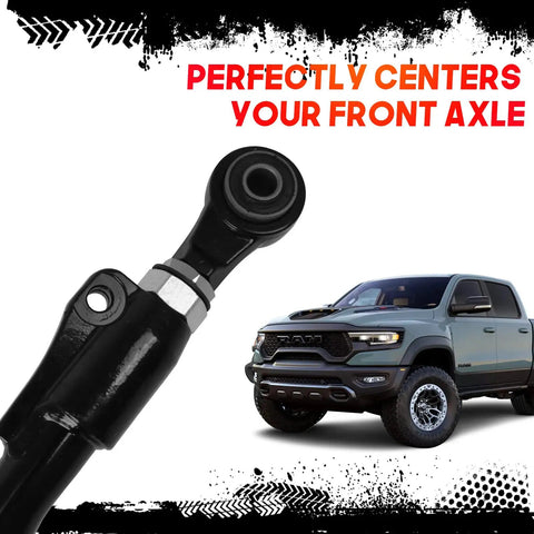 Dodge Ram Front Adjustable Track Bar 0 To 3 Inch Lift For 2003 To 2013 2500 3500 Heavy Duty Off Road Steering Rod Easy Bolt On Install Improves Alignment And Handling On Lifted Trucks. Black steel front adjustable track bar with Ram truck