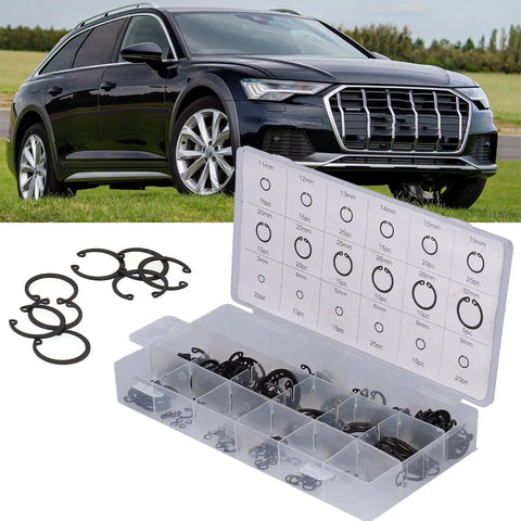 Auto Repair Snap Ring Kit For Home Garage, 300 pcs in labeled box, car in background
