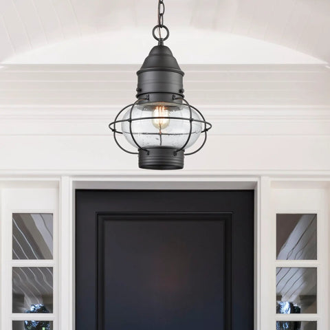 Onion Outdoor Pendant Light With One Bulb, Oil Rubbed Bronze Finish, Clear Seeded Glass Globe, Exterior Porch Ceiling Fixture mounted