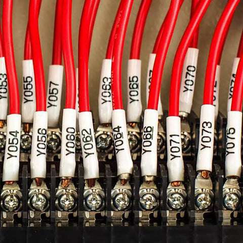 Top Shelf Heat Shrink Label Tape Compatible With Brother P Touch 3 Pack. Red wires labeled with white heat shrink tubing in electrical panel.