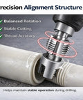 Precision alignment structure of 4 in 1 Drill Powered Pipe Threading Tool Kit cutting PVC pipe with thread accuracy.