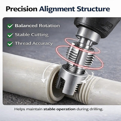 Precision alignment structure of 4 in 1 Drill Powered Pipe Threading Tool Kit cutting PVC pipe with thread accuracy.