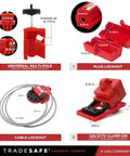 OSHA Compliant Lockout Tagout Kit With 25 Devices And Carrying Bag showing universal multi-pole, plug lockout, cable lockout, 120/277V clamp-on.