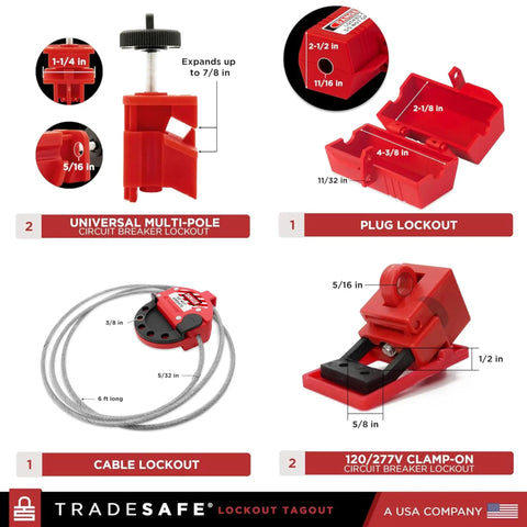 OSHA Compliant Lockout Tagout Kit With 25 Devices And Carrying Bag showing universal multi-pole, plug lockout, cable lockout, 120/277V clamp-on.