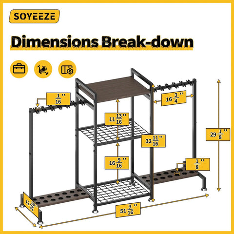 Dimensions breakdown of 28 Rod Ground Stand Fishing Rod Holder Rack for Garage, 3 Sided Vertical Display for Tackle Box