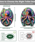 Octopus Toilet Seat Elongated Resin for Coastal Bathroom with size measurements for compatibility, colorful octopus design.