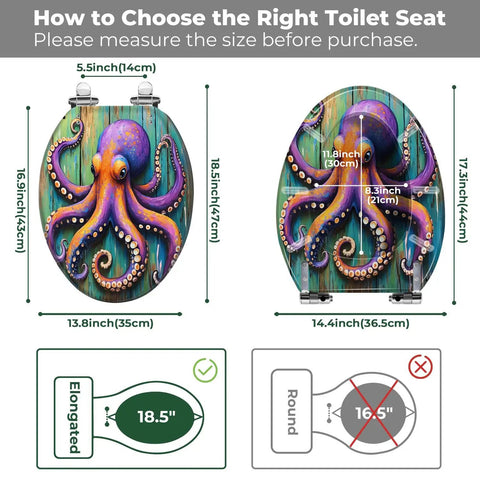 Octopus Toilet Seat Elongated Resin for Coastal Bathroom with size measurements for compatibility, colorful octopus design.