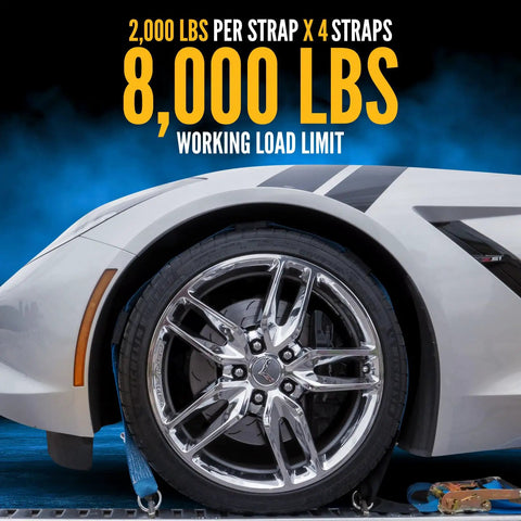Heavy Duty E Track Wheel Straps 2 Inch By 11 Foot 4 Pack With E Track Fittings And Rubber Blocks For Trailers Car Tire Tie Down Straps Fits Tires 14 To 30 Inches With 12,000 Lbs Break Strength installed on car tire, side view showing strap and fittings.