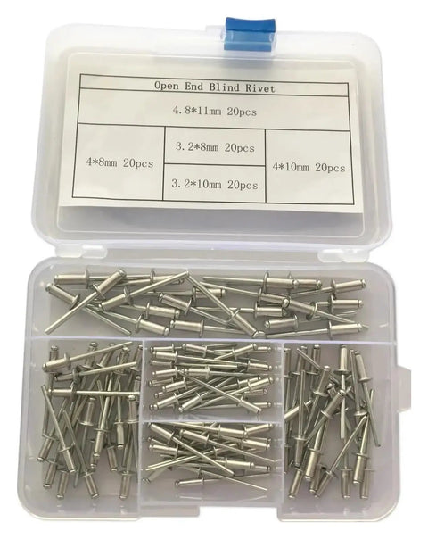 Open case of assorted Silver Aluminum Blind Rivet Kit M3 Dome Head Pop Rivets 100 Piece DIY Friendly Set For Furniture Hardware
