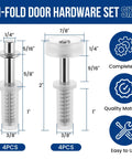Bi-Fold Door Top Roller Hardware Kit With Spring Loaded Pivots And Guide Wheels For Closet Folding Shower Pocket And Accordion Doors DIY Replacement Parts, showing components and dimensions.