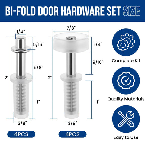 Bi-Fold Door Top Roller Hardware Kit With Spring Loaded Pivots And Guide Wheels For Closet Folding Shower Pocket And Accordion Doors DIY Replacement Parts, showing components and dimensions.