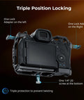 Hawklock Camera Cage Kit For Canon R6 Mark II with top view showing triple locking system with adapters and screw for stability.