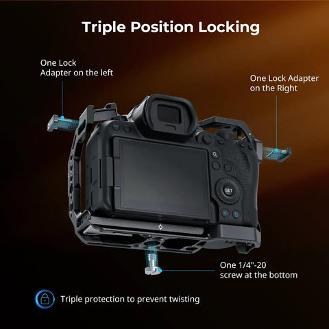Hawklock Camera Cage Kit For Canon R6 Mark II with top view showing triple locking system with adapters and screw for stability.