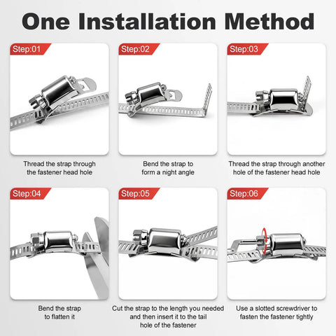 Installation steps for Cut To Fit Stainless Steel Hose Clamps Kit With 32.81 Ft Metal Strap And 20 Fasteners Worm Gear Drive Clamp