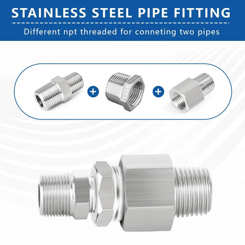 Side view of 316 stainless steel hex bushing reducer, 3/4 in NPT male to 1/4 in NPT female fitting.