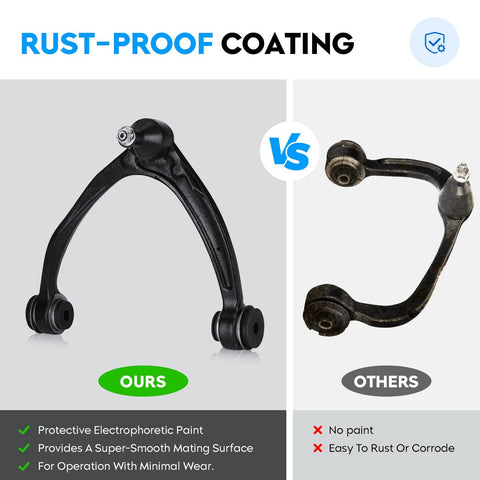 Comparison of front upper control arm with ball joint assemblies forged steel for Escalade 07-14 and Chevy Avalanche.