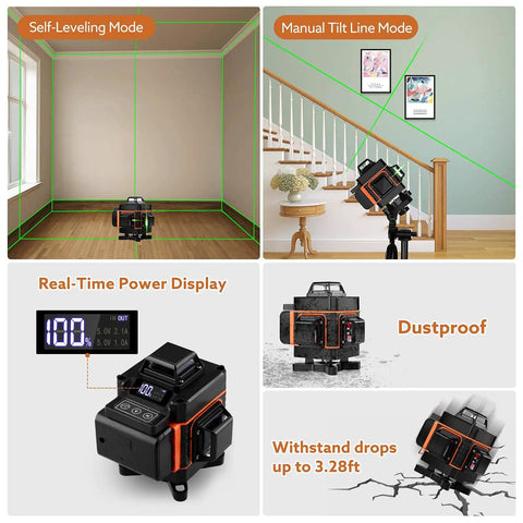 Self Leveling Laser Level Kit With Four 360 Degree Green Beams, 100ft Range showing features like tilt mode and durability