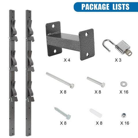 Heavy Duty Trimmer Rack, Three-Place Weedeater Organizer For Walls And Trailers With Locks, assembly components shown