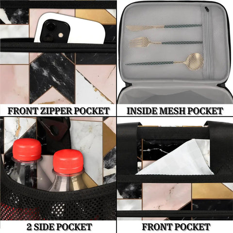 Geometric Marble Insulated Picnic Backpack Lunch Bag For Women And Men showing pockets and mesh interior
