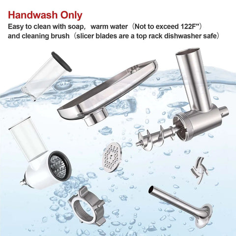 Meat Grinder And Cheese Grater Attachments For KitchenAid Stand Mixer with slicer shredder parts floating in water