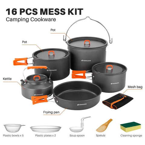 18Pcs Camping Cookware Set With Large Hanging Pots Pan And Kettle Plus Plastic Plates Bowls Spoon Spatula And Sponge For Hiking Backpacking Outdoor Cooking And Picnics, showing pots, kettle, pan, and accessories.