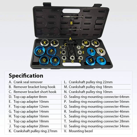 Crankshaft And Camshaft Bearing Removal And Installation Kit with 118mm and 73mm hooks displayed in a case with specifications chart.
