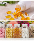 Before and after showcasing vitamin capsules organized in jars for easy storage