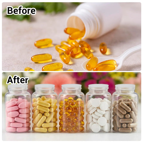 Before and after showcasing vitamin capsules organized in jars for easy storage