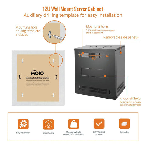 Diagram showing 12U Wall Mount Server Cabinet with lockable glass door and side panels, includes drilling template for easy installation.