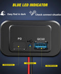 Install In Seconds Without A Sweat Because This Road Ready 12V 24V Dual USB Socket Panel showing blue LED indicator and dual USB ports.