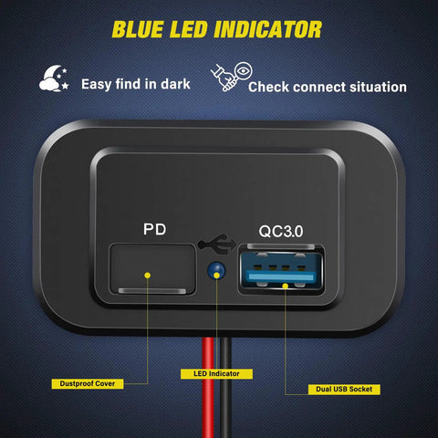 Install In Seconds Without A Sweat Because This Road Ready 12V 24V Dual USB Socket Panel showing blue LED indicator and dual USB ports.