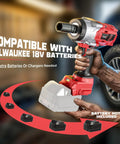Garage Tested Heavy Hitter 1/2 Inch Cordless Impact Wrench with Milwaukee 18V battery compatibility shown in hand.