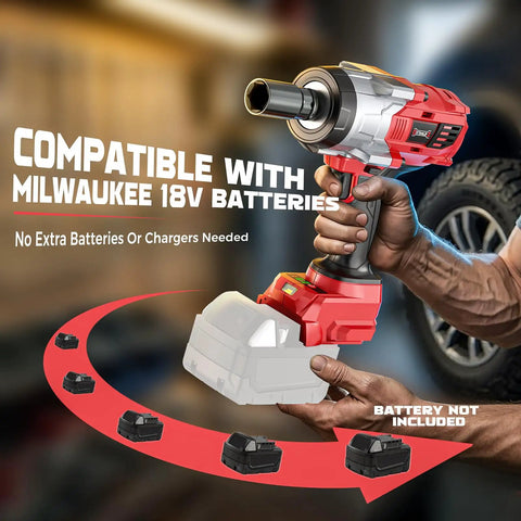 Garage Tested Heavy Hitter 1/2 Inch Cordless Impact Wrench with Milwaukee 18V battery compatibility shown in hand.