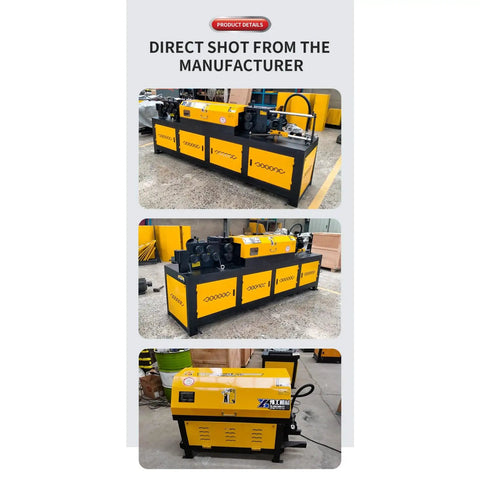 Heavy Duty Hydraulic Rebar Straightening And Cutting Machine 4-14mm Steel Bar Processor For Construction Sites shown in three angles.
