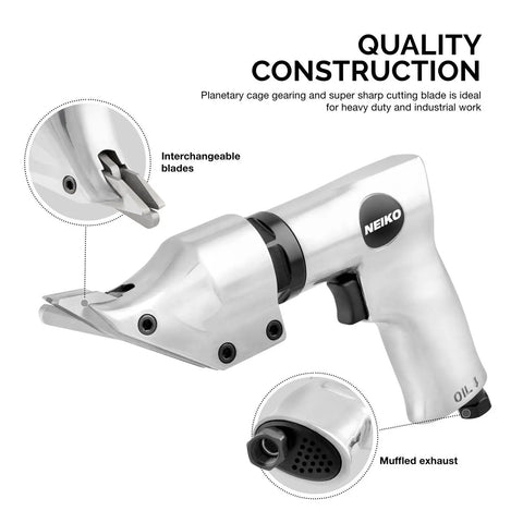 One Quarter Inch Air Metal Cutting Shears With Ergonomic Pistol Grip For Clean Cuts In Aluminum And 18 Gauge Steel 2200 RPM 4 CFM 90 PSI