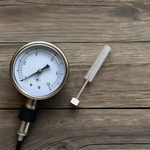 Pressure gauge with metal needle on wooden background, showing analog display with measurement markings.