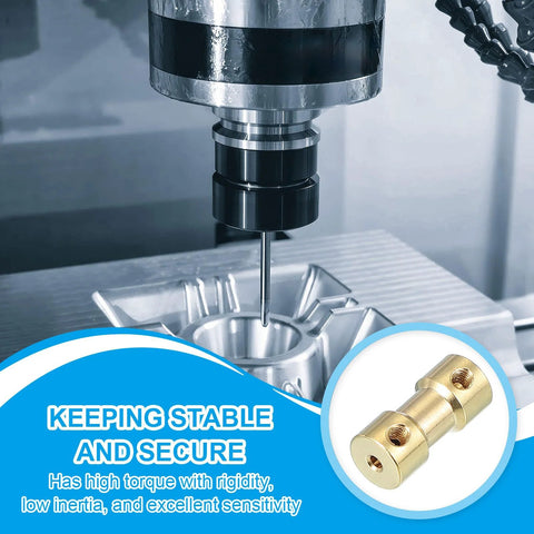 Brass shaft coupling (3mm–3mm), 4 pcs with M3 screws, close-up view