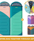 Roomy 32F Sleeping Bag For Adults Kids And Teens All Season Camping Gear For Winter Cold Weather Lightweight Yet Warm 86 Inch Long With Three Zippers Perfect For Travel And Outdoors For Campouts showing two bags zipped together