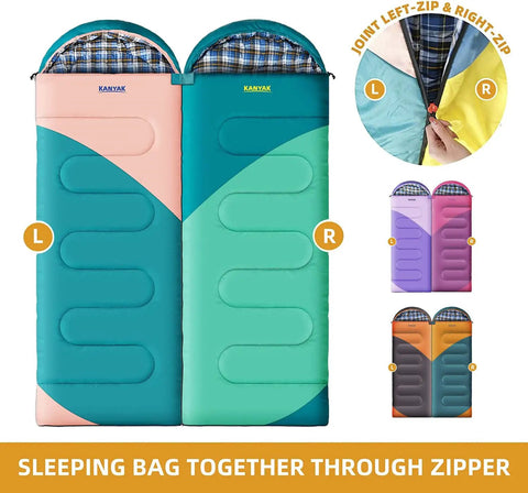 Roomy 32F Sleeping Bag For Adults Kids And Teens All Season Camping Gear For Winter Cold Weather Lightweight Yet Warm 86 Inch Long With Three Zippers Perfect For Travel And Outdoors For Campouts showing two bags zipped together