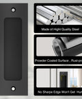 6 Inch Flush Pull Sliding Barn Door Handle Set durable matte black finish with rust-resistant recessed rectangular plate and mounting hardware.