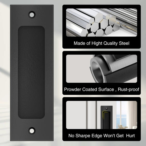 6 Inch Flush Pull Sliding Barn Door Handle Set durable matte black finish with rust-resistant recessed rectangular plate and mounting hardware.