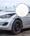 Grab These 10 Pc Plastic Welding Rods For Car Bumper Repair. Easy DIY Auto Fix Kit With 20 Cm Pp Wire. No Pro Skills Needed. Perfect For Quick Bumper Mending And Home Garage Swag. Image of a damaged silver car front with white plastic welding rods showcased.