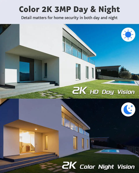 Solar Powered Outdoor Security Camera Wire-Free No Fuss 2K 360 Degree PTZ With 2.4GHz Wireless, showcasing day and night vision