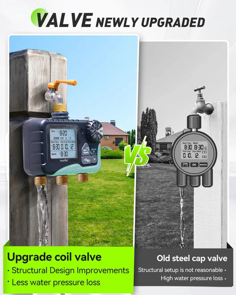 Three Zone Lawn Water Timer with Brass Inlet and Outlet, IP65 Waterproof, showing upgraded valve vs old steel cap valve.