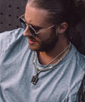 Man wearing Stainless Steel 316L Barbed Wire Choker Necklace For Women And Men Gothic Thorns 16 Inch Chunky Punk Jewelry
