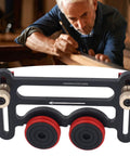 Precision Table Saw Guide Featherboard With Sliding Blocks And Double Wheel Bearing Roller, showing red wheels on black frame.